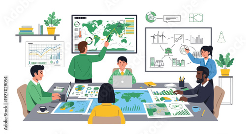 Diverse team collaborating on global strategy in modern office.