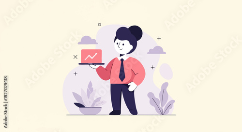 A stylized person in a suit holds a laptop displaying an upward trending graph