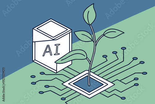 A vector graphic illustration of a plant growing out of a microchip with an AI box