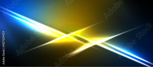 Bright light streaks intersect. Blue, yellow hues dominate dark background. Abstract energy radiates from central point. Vivid colors create dynamic visual effect.