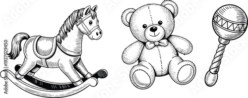 Vintage hand-drawn of classic children's toys including a rocking horse a teddy bear and a rattle on a white background