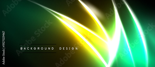 Abstract neon lights create vibrant green, yellow glow. Dynamic lines suggest speed, energy, modern design aesthetic. Dark background enhances luminosity.