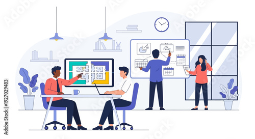 Diverse team collaborating on a business project in a modern office setting.