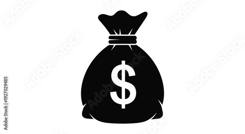 A stark black silhouette depicts a full money bag with a prominent dollar sign illustration silhouette high quality
