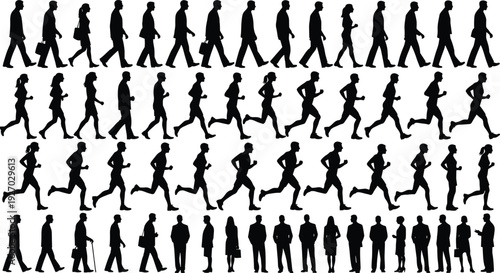 People silhouettes showing walking running and standing sequences, black human movement and business lifestyle figures isolated on white