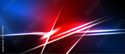Abstract light streaks, vibrant blue, red hues dominate dark background. Energy radiates from central point, dynamic composition.