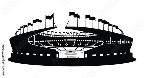 A striking black silhouette depicts a large stadium with waving flags showcasing architectural detail silhouette high quality professional