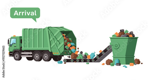 Garbage Truck Unloading Waste onto Conveyor Belt.