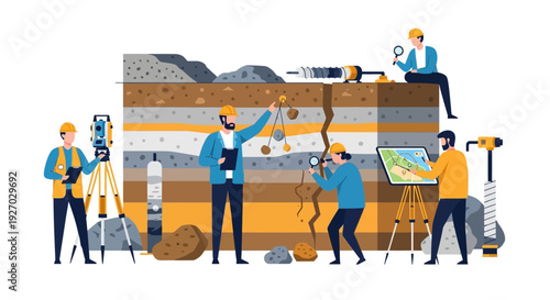 Geological Survey Team Analyzing Stratified Earth Layers.