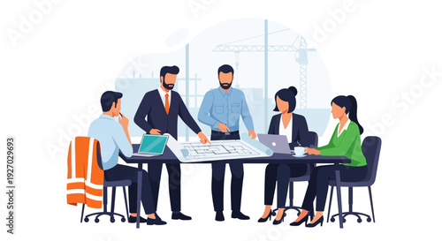 Diverse team collaborating on project plans around a table.