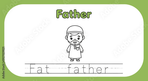 Father tracing worksheet for kids. Muslim dad illustration.