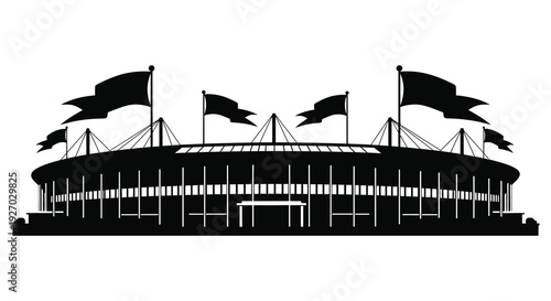 A striking black silhouette of a large stadium with waving flags against a white background silhouette high quality