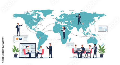Global Business Network and Team Collaboration Illustration.