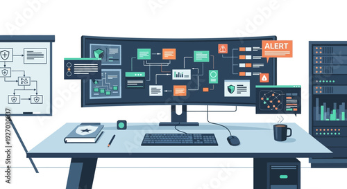 Modern computer setup with advanced data visualization and network diagrams.
