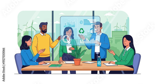 Diverse team collaborating on sustainable business strategy.