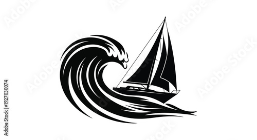 A dramatic black and white image of a sailboat navigating a large curling wave silhouette high quality