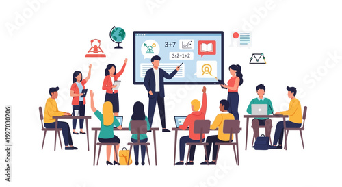 Interactive Classroom Learning: Teacher Instructs Students with Raised Hands Using Smartboard Technology | Modern Education and Corporate Training Illustration