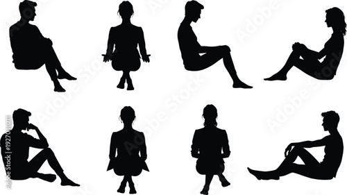 Sitting people silhouette collection with men and women in relaxed poses, black human figures set, mindfulness, rest and lifestyle concepts
