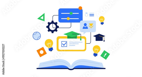 E-learning System and Digital Education Process Illustration. Online Knowledge Management, Skill Development, and Certification Concept.