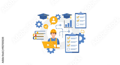 Professional Development and Technical Education for Engineer or Skilled Trade Worker. Career Training, Project Management, and Lifelong Learning Concept Illustration.