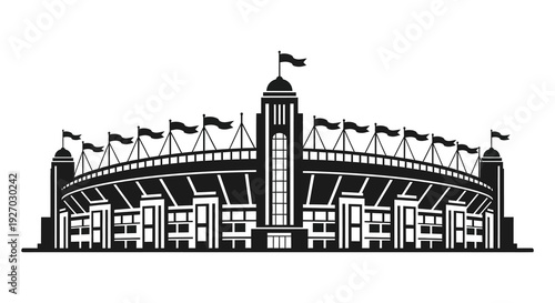 A detailed black and white illustration of a stadium with waving flags presented as a silhouette high quality