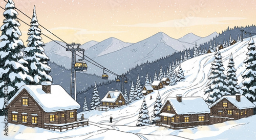 Snowy mountain resort with ski lift and cabins at sunset winter vacation and travel concept
