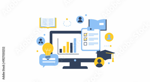 E-Learning Platform, Online Education Concept, and Digital Data Analysis. Assessment, Knowledge Management, and Performance Metrics Illustration.