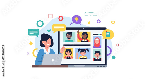 Virtual Classroom Video Call: Female Teacher Leading Diverse Students in Remote Online Education and Webinar Meeting