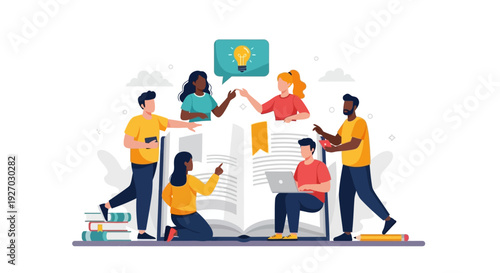 Diverse Students Collaborating and Sharing Knowledge around a Giant Book. Education, Brainstorming, and Idea Generation Flat Vector Illustration.