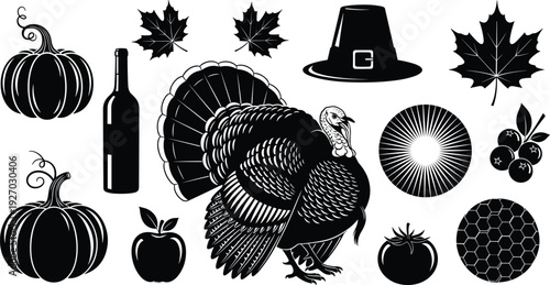 Thanksgiving silhouettes collection with turkey pumpkin leaves and harvest icons, black autumn holiday elements set isolated on white