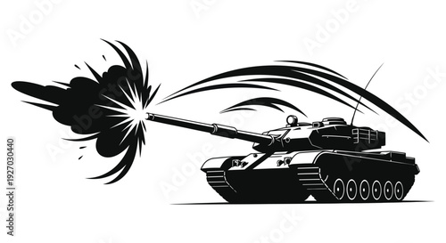 A dramatic black and white illustration depicts a tank firing showcasing an explosive burst of energy silhouette