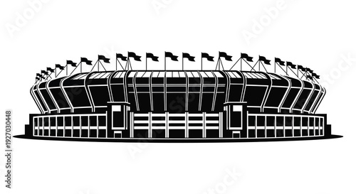 A striking black and white illustration of a large sports stadium with waving flags silhouette high quality professional