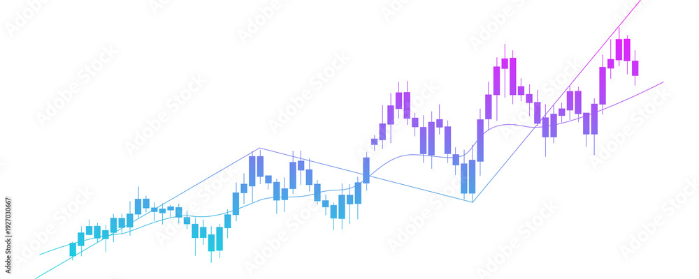 Obraz premium Purple and blue bullish candlestick stock market chart with ascending trend line and moving average isolated on transparent background