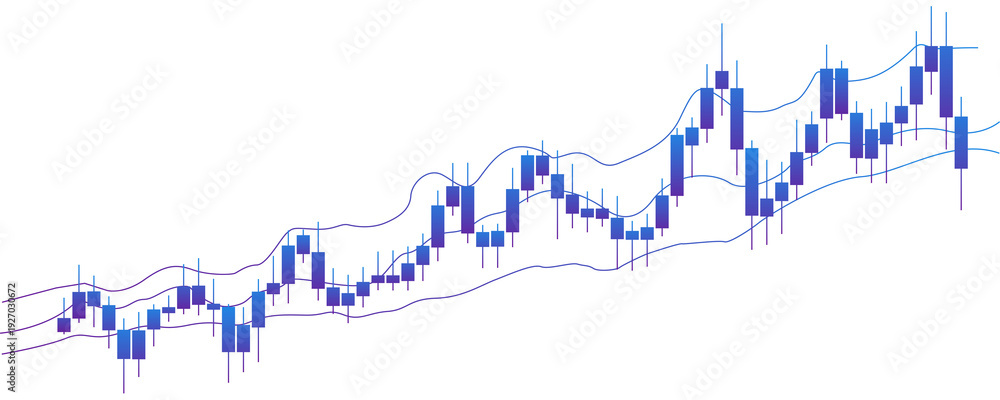 Obraz premium Blue and purple candlestick stock market chart with volatility bands and upward bullish trend isolated on transparent background