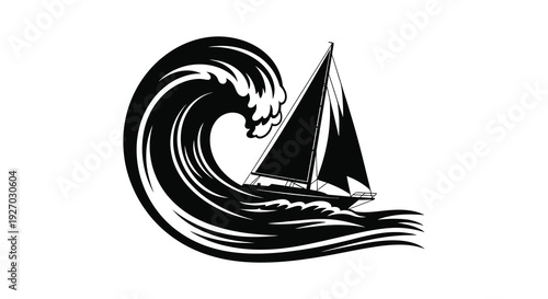 A dramatic black wave crests as a sailboat navigates turbulent waters a striking silhouette high quality professional detailed