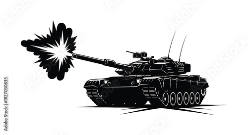 A black silhouette of a tank firing its cannon with a burst of energy silhouette high quality professional