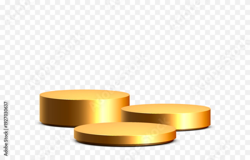 Three golden podiums of different heights PNG. Golden podium or pedestal for product or goods advertising.