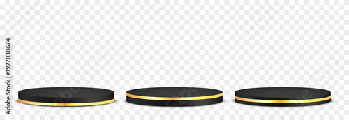 Set of black round podiums PNG. Black podium or pedestal for product or goods advertising.