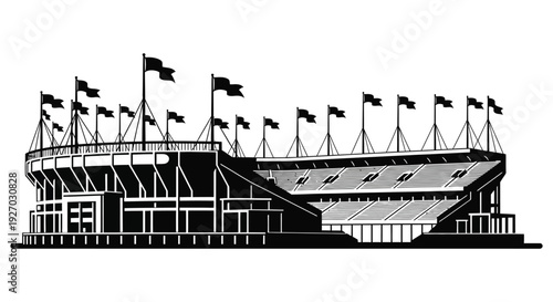 A detailed black and white illustration of a stadium with waving flags presented as a silhouette high quality