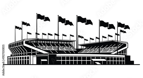 A stark black and white illustration depicts a large stadium with waving flags a dramatic silhouette high quality