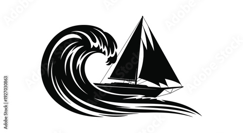 A dramatic depiction of a sailboat navigating a large curling wave rendered as a silhouette high quality professional