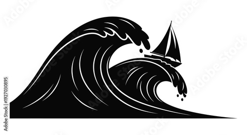 A dramatic black and white image showing a large wave and a small sailboat silhouette high quality professional