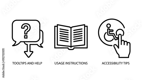 Help and accessibility icons: tooltips, usage instructions book, and accessibility tips for disabled users. Representing information, guidance, and inclusivity. Simple outline graphics for user suppor
