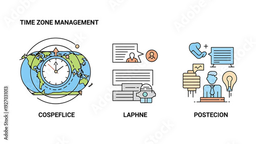 Time zone management illustration with world clock, chat bubbles, and business people. Representing global communication, scheduling, and international collaboration. Colorful vector art for remote te