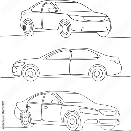 one line art car drawing set, one continuous single line of car for transportation theme isolated on white background