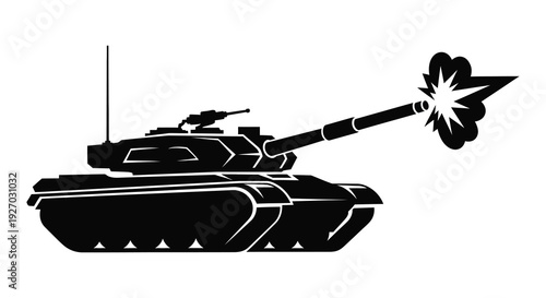 A black silhouette of a military tank firing its cannon displaying a stylized explosion silhouette high quality professional