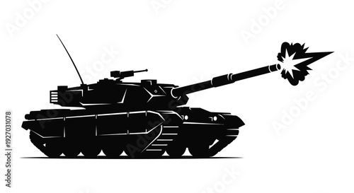 A black silhouette of a tank firing its main cannon showcasing military power and technology silhouette high quality