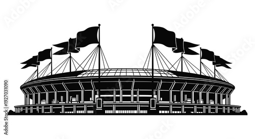 A detailed black and white illustration of a stadium with waving flags presented as a silhouette high quality