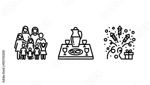 Icons depicting family gathering, festive table setting, and fireworks with gift, symbolizing celebration, holidays, and special occasions.