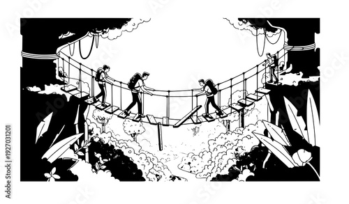 Create a semi-realistic vector landscape of two adventurers crossing a high suspended canopy bridge above dense rainforest vegetation. Show detailed foliage textures, sunlight filtering through mist, 